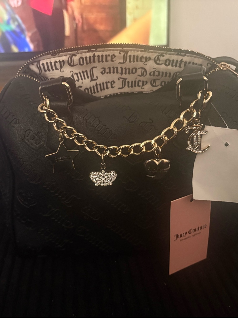 Juicy Couture Black Embossed Satchel with Gold Charm Chain